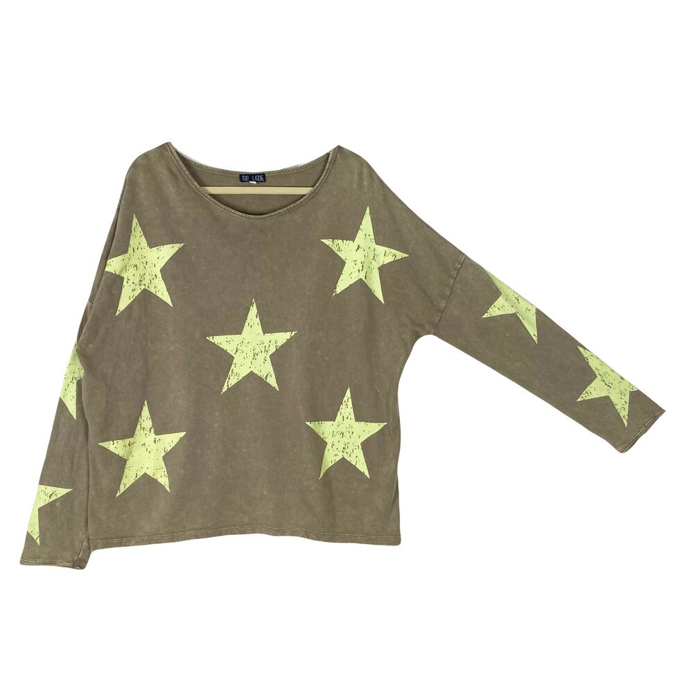 Nwot TOP LIGNE Top Women S Grey Stars-Green Graphic Oversized Raw-Edge Long-Slv